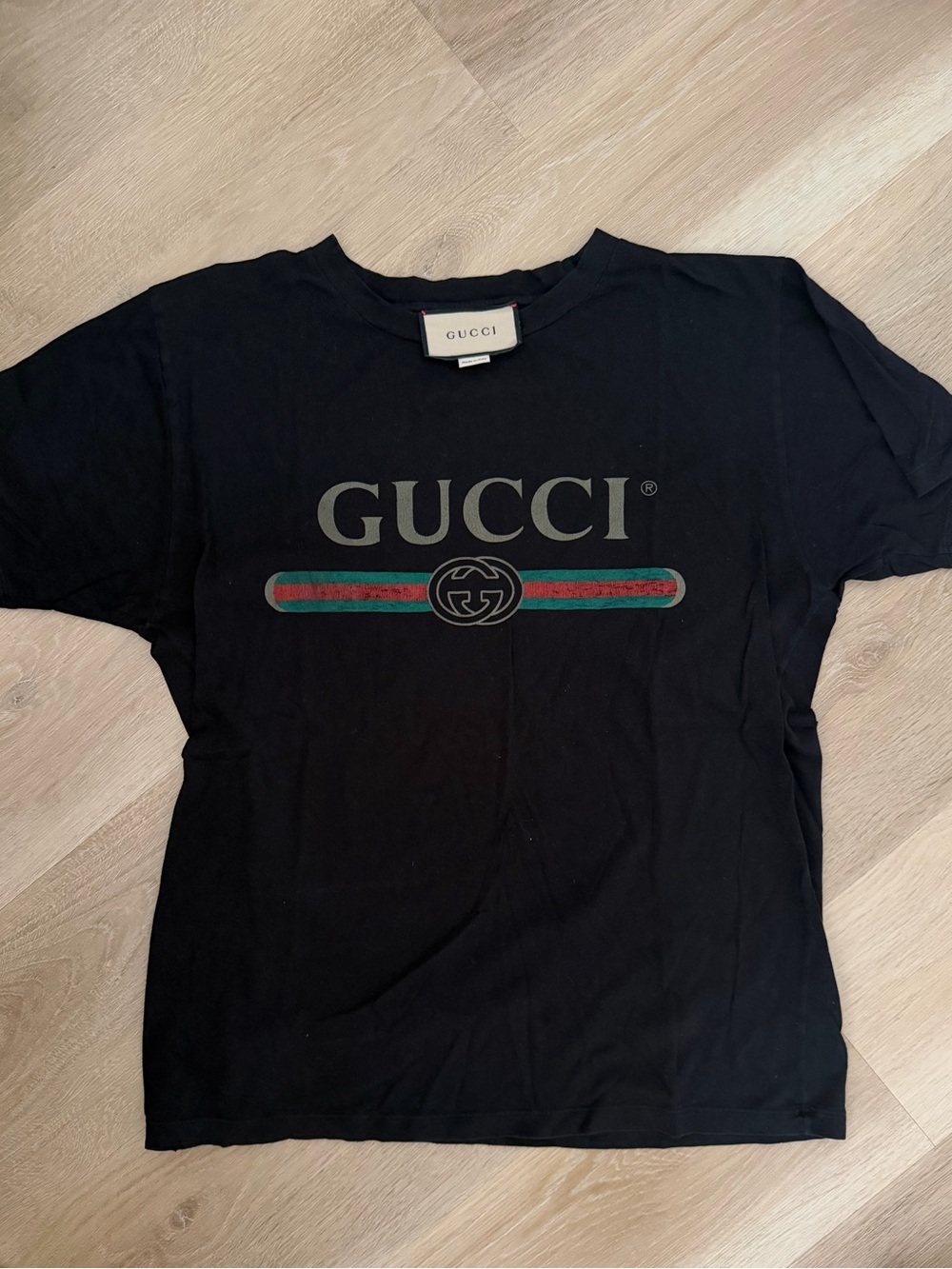 Gucci Black Tee with Green & Red Web Stripe